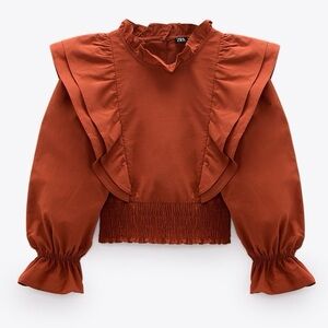 Zara Ruffled Poplin Blouse Burnt Orange Medium